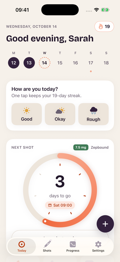 Pinch Today screen: next shot in 3 days, Saturday 9:00, with a daily check-in
